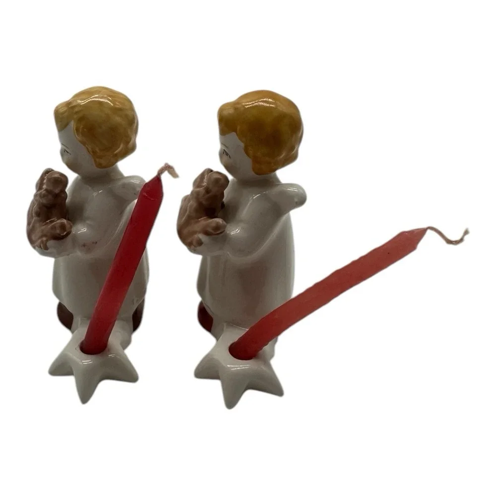 2 Vintage Goebel Christmas Candle Holders Angel w/ Toy Horse‎ 2.5